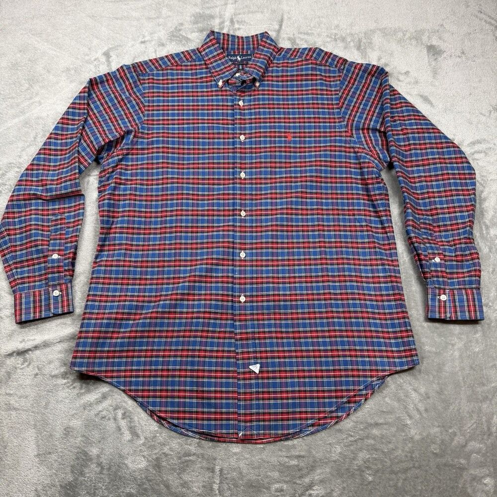 Ralph Lauren Button Down Mens Large Red Blue Plaid Cotton Red Pony